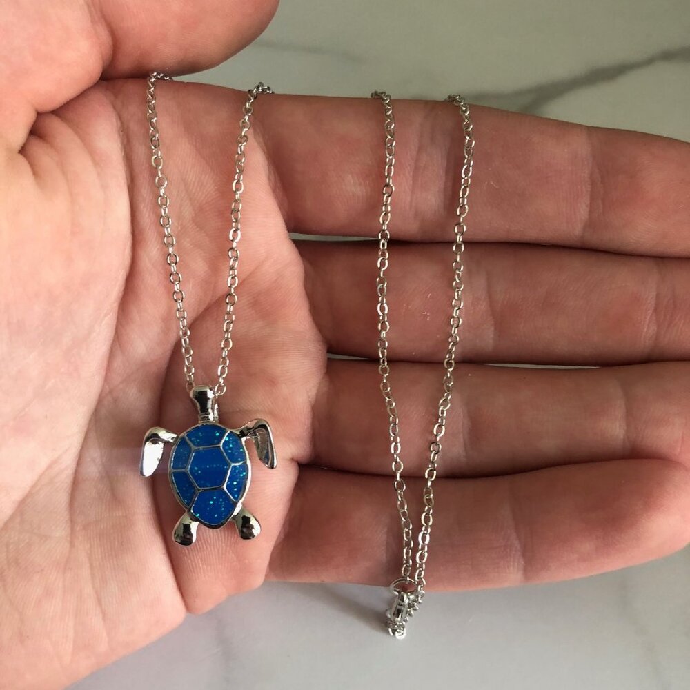 Blue Turtle Pendant Necklace On Silver Chain